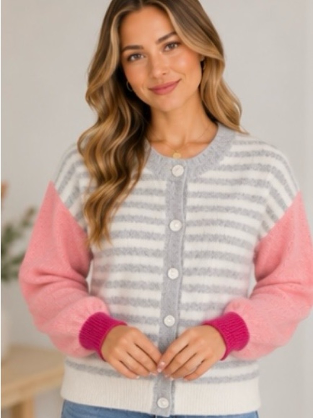 Twentifourth Striped Gray & Pink Button-Up Sweater Cardigan NWOT Small